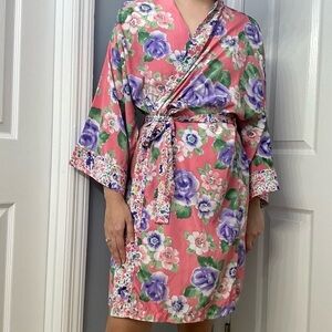 Victoria’s Secret Vintage Robe Mini Pink Floral Bridal Dainty Boho Tie One Size